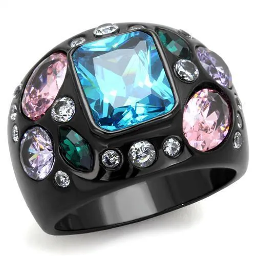 TK1790 - IP Black(Ion Plating) Stainless Steel Ring with AAA Grade CZ in Sea Blue - Grocery