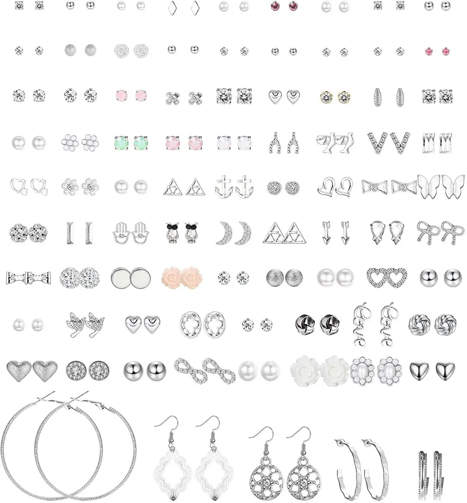 Assorted Multiple Stud Earrings Hoop Set Dangle Cute Hypoallergenic Earrings CZ Bow Butterfly Flower Leaf Ball Simple Drop Earrings Stud for Women Pack - Grocery
