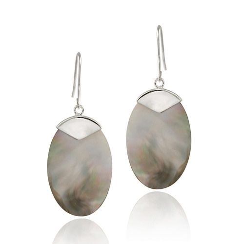 Sterling Silver Gray Shell Oval Dangle Earrings - Grocery
