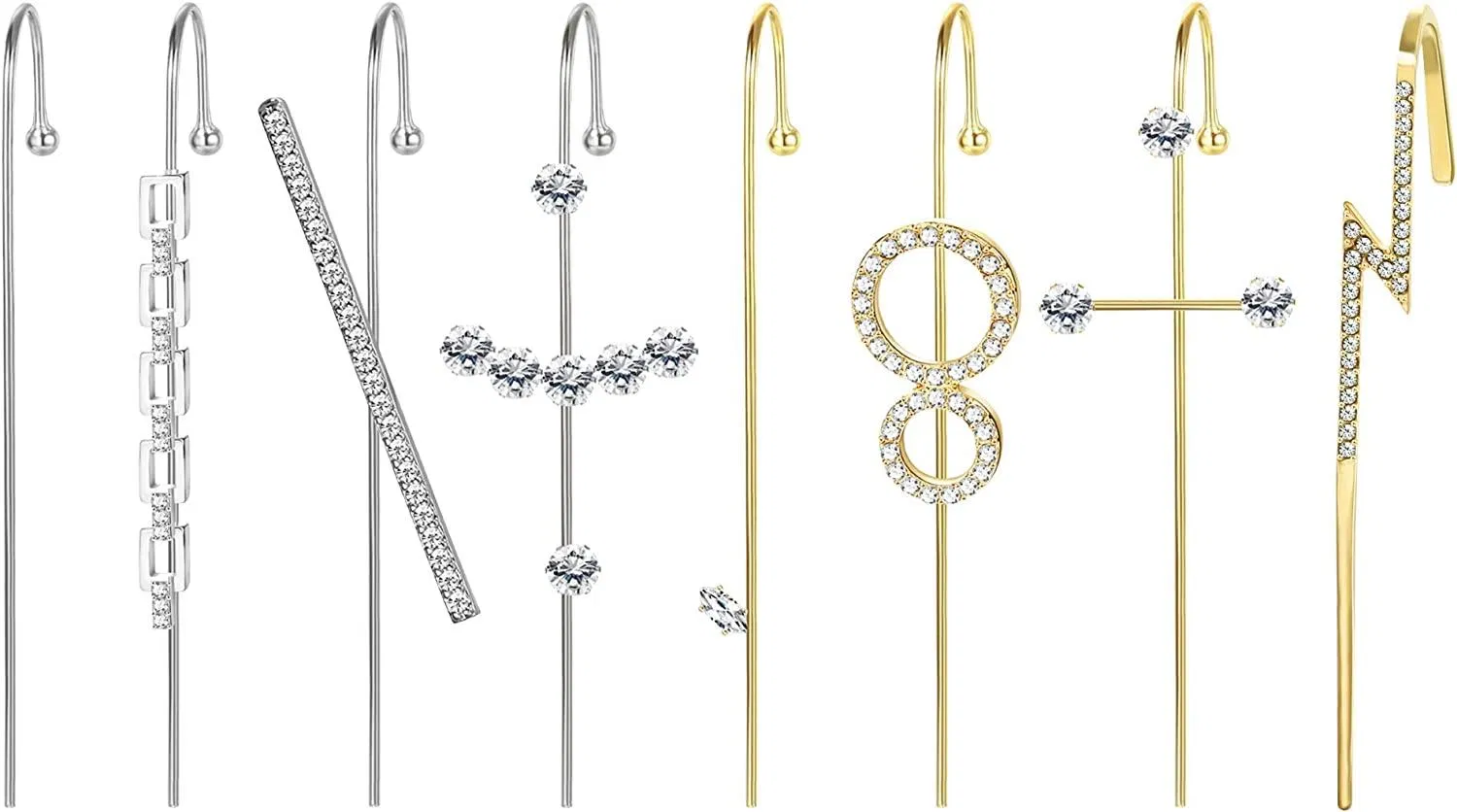 8 Pieces Ear Cuff Wrap Crawler Hook Earrings Ear for Women Long Earring Rhinestone Ear Set - Grocery