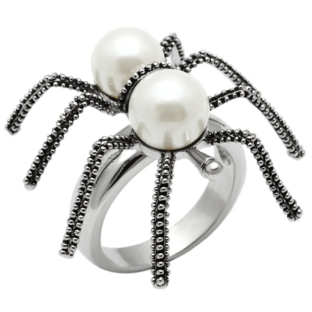 3W226 - Rhodium Brass Ring with Synthetic Pearl in White - Grocery