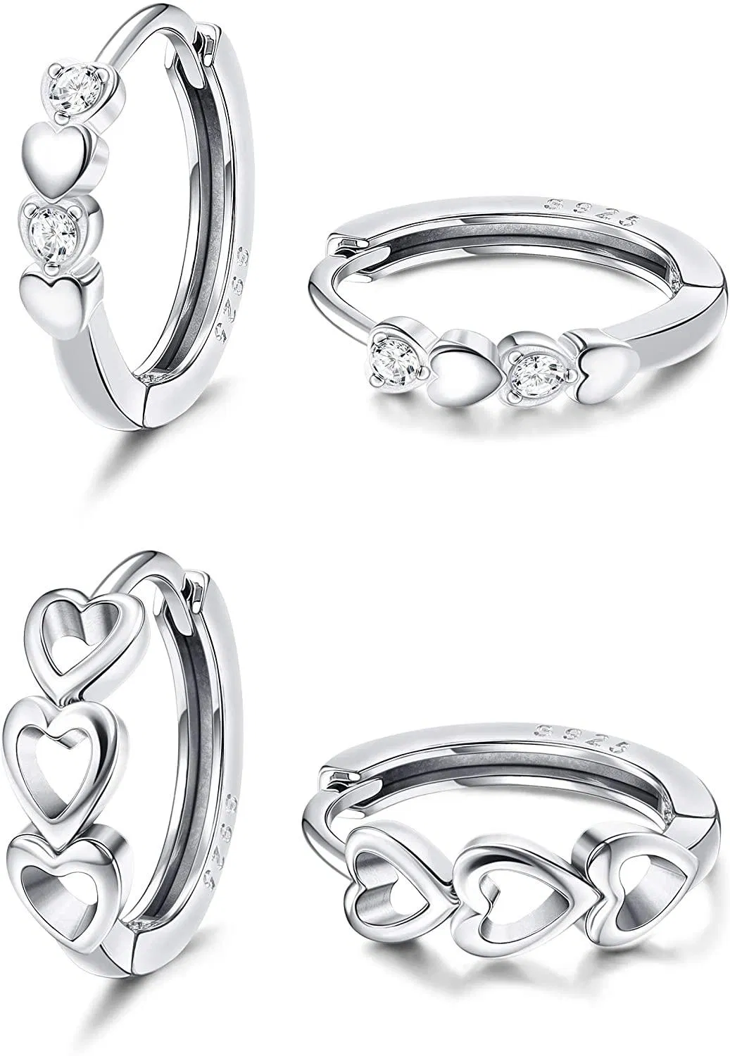 2 Pairs Sterling Cute Hoop Earrings for Women Love Heart Cubic Zirconia Dainty Cartilage Hoops Huggie Earrings for Sensitive Ears - Grocery
