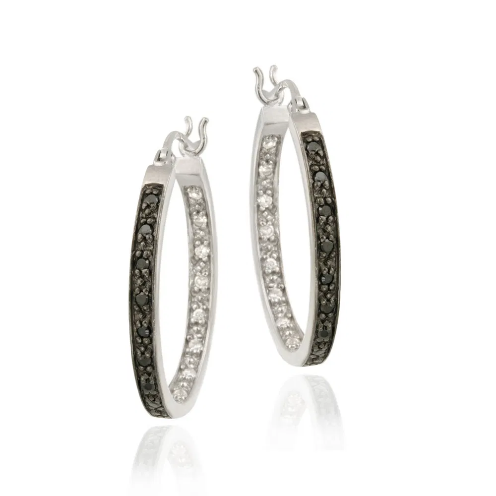 Sterling Silver Black & White CZ 25mm Oval Hoop Earrings - Grocery