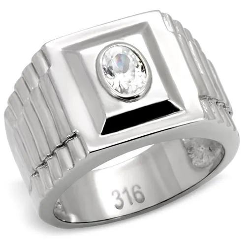 TK122 - High polished (no plating) Stainless Steel Ring with AAA Grade CZ in Clear - Grocery