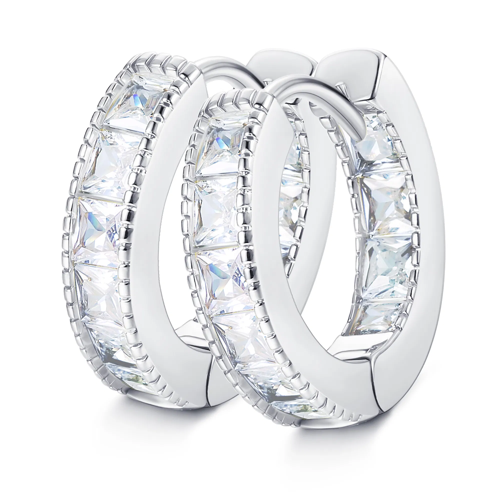925 Sterling Silver CZ Hoop Earring Princess Cubic Zirconia Pave Cuff Huggie Earring for Women and Men - Grocery