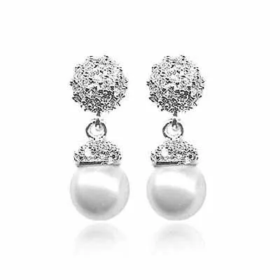 Sterling Silver Simulated White Pearl & CZ Dangle Earrings - Grocery