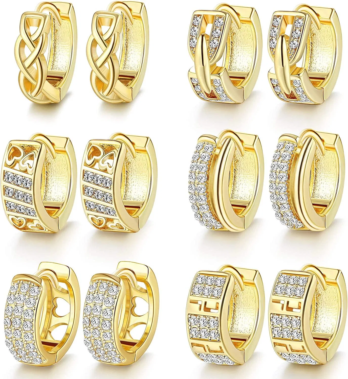 18K Gold Plated Huggie Hoop Earrings for Women Wide CZ Inlaid Earrings Set 6 Pairs - Grocery