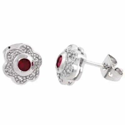 Sterling Silver Red & White CZ Flower Stud Earrings - Grocery