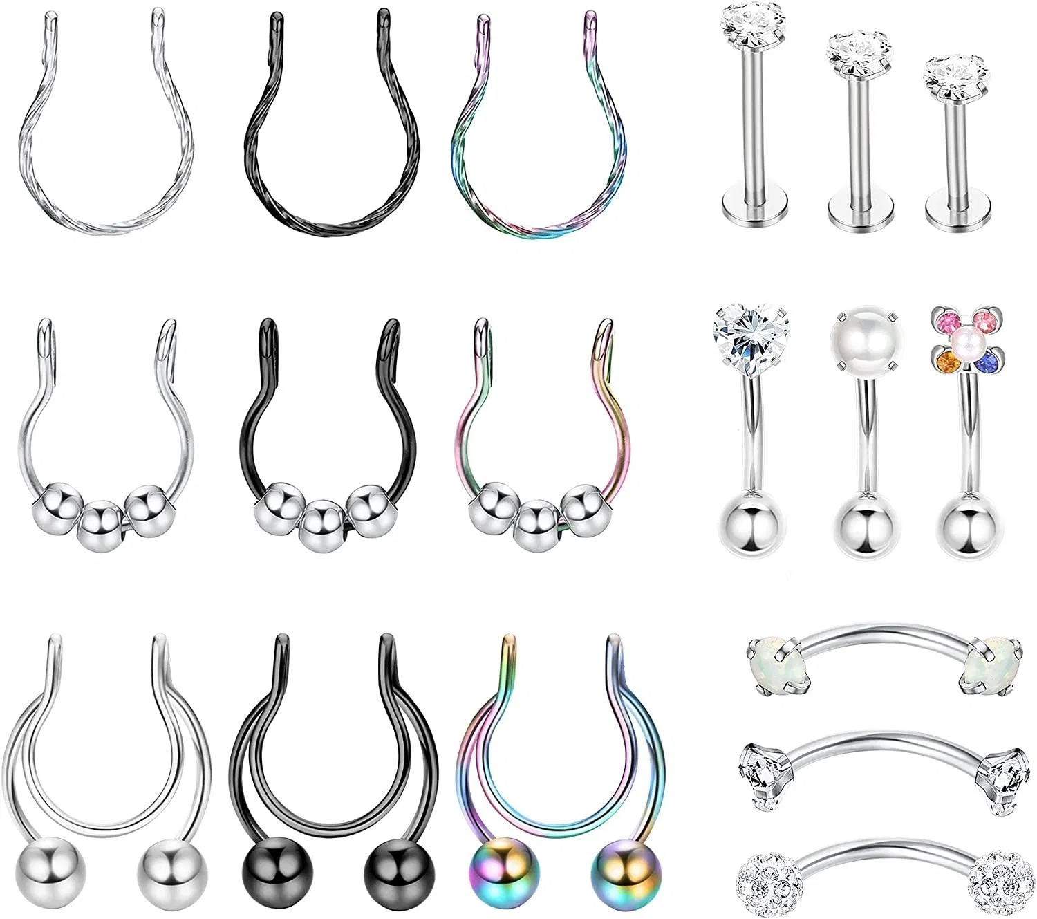 18Pcs 16G Stainless Steel Rook Earrings Clip-on Fake Nose Rings Hoop Belly Lip Ring Eyebrow Studs Daith Tragus Piercing - Grocery