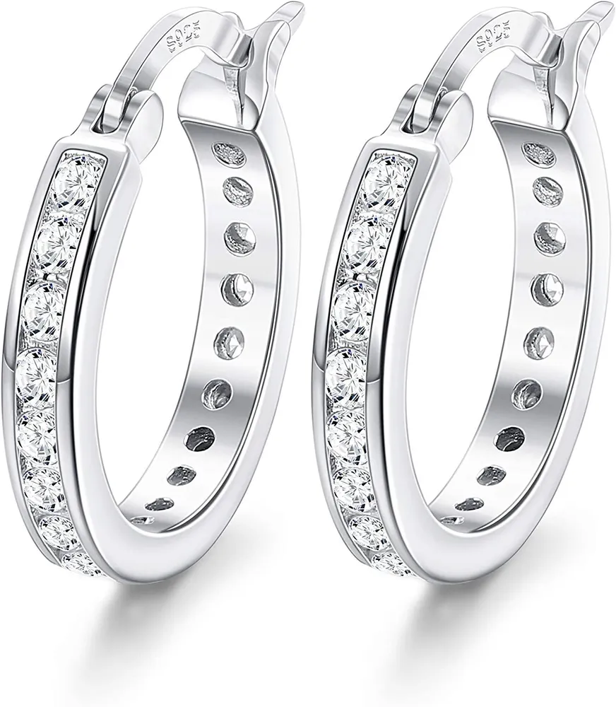 12mm Small Hoop Earrings 925 Sterling Silver Sleeper Round Earrings Cubic Zirconia Hoop Earrings for Women - Grocery