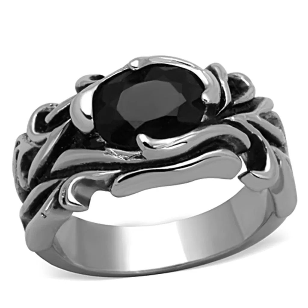 TK1355 - High polished (no plating) Stainless Steel Ring with Synthetic Synthetic Glass in Jet - Grocery