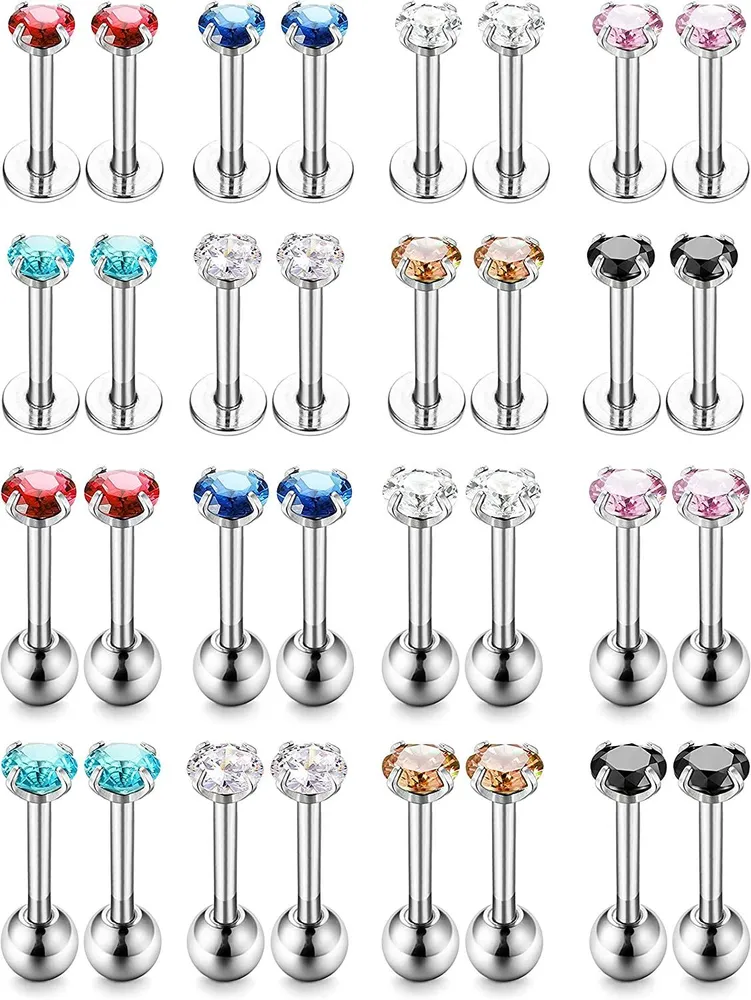 16-20 Pairs 16G~20G CZ Stainless Stud Earrings for Men Women Cartilage Earrings Helix Ear Nose Labret Piercing Monroe Lip Rings Tragus Piercing - Grocery