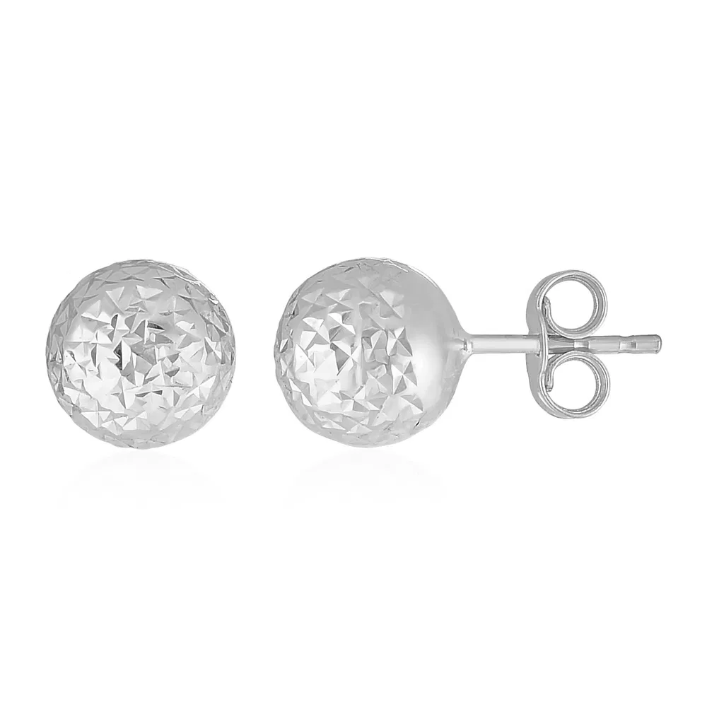 14k White Gold Ball Earrings with Crystal Cut Texture(7mm) - Grocery
