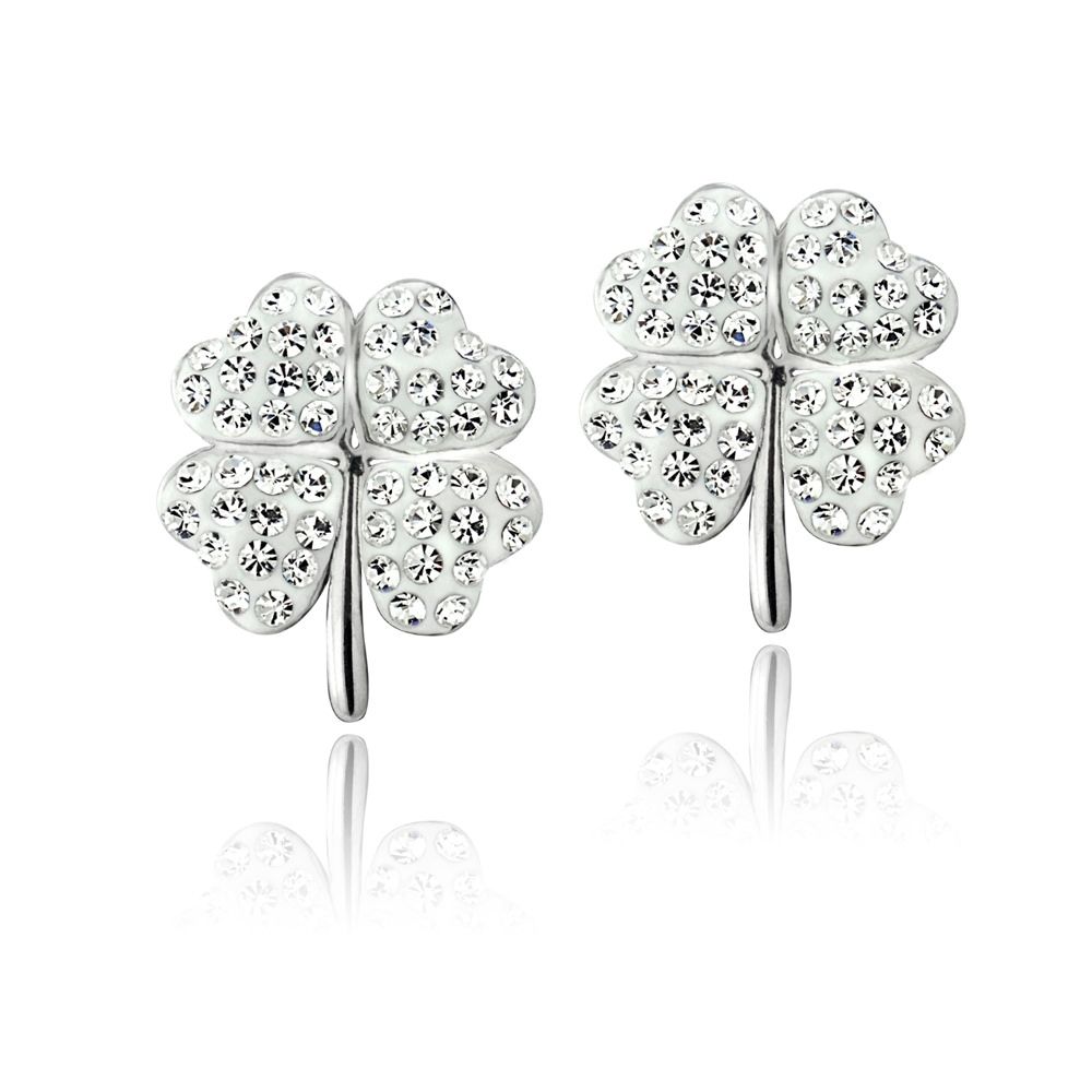 Silver Tone Clear Swarovski Elements Clover Stud Earrings - Grocery