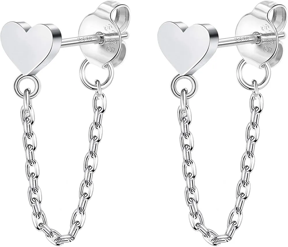 925 Sterling Silver Chain Earrings CZ Heart Stud Earrings Minimalist Threader Dangle Earrings Moon Flower Chain Earring for Women - Grocery