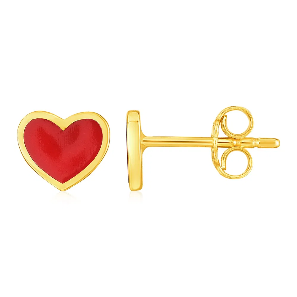 14k Yellow Gold and Enamel Red Heart Stud Earrings - Grocery