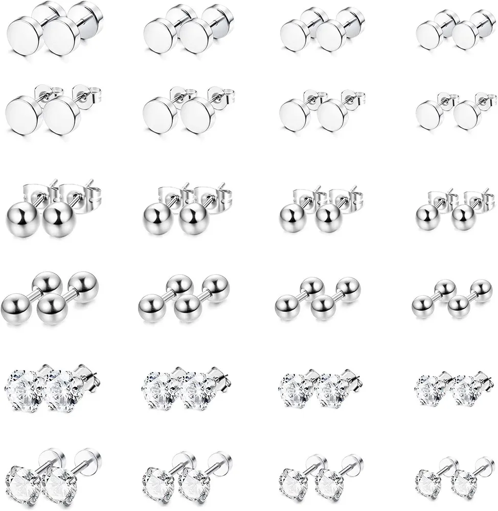24 Pairs Stainless Earring for Mens Women CZ Ball Tunnel Stud Earring Set Men Earrings Piercing - Grocery