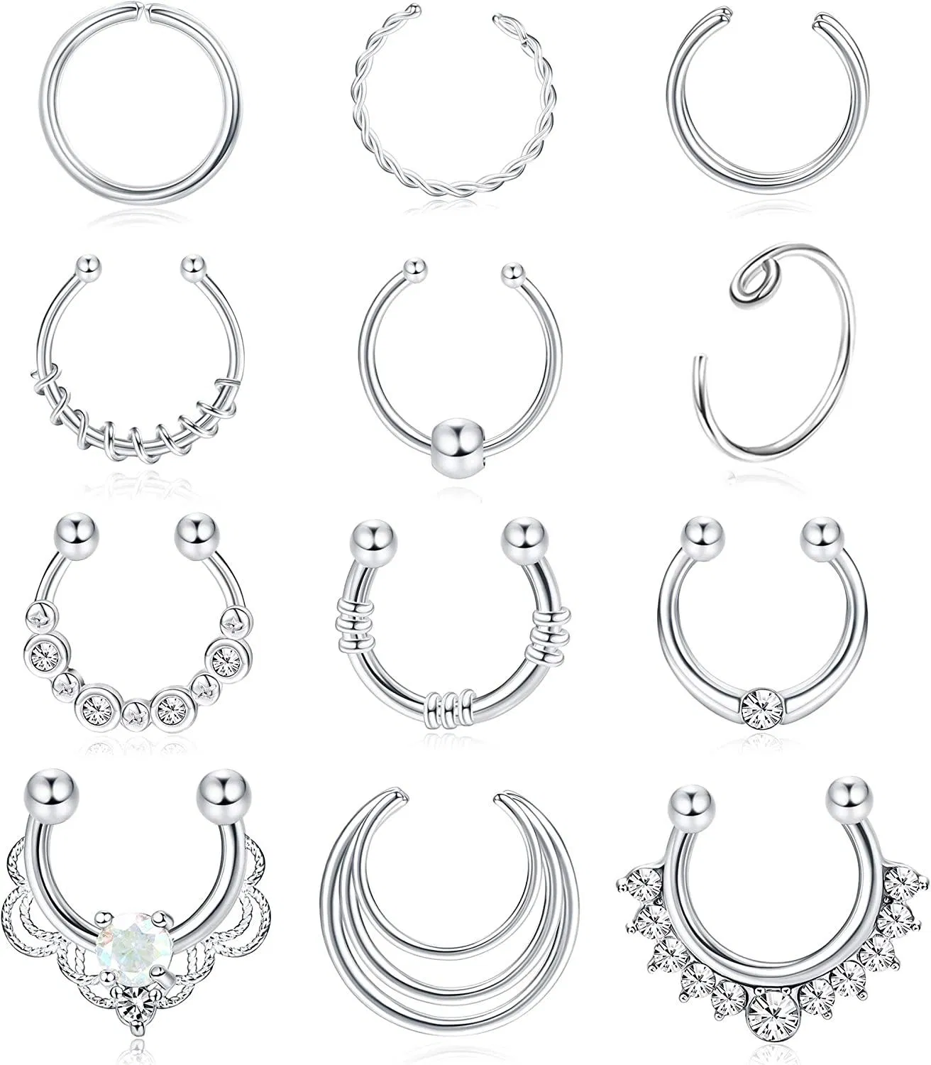 12 PCS Stainless Nose Rings Septum Hoop Nose Piercings for Women Men Tragus Cartilage Earrings Body Piercing Jewelry - Grocery