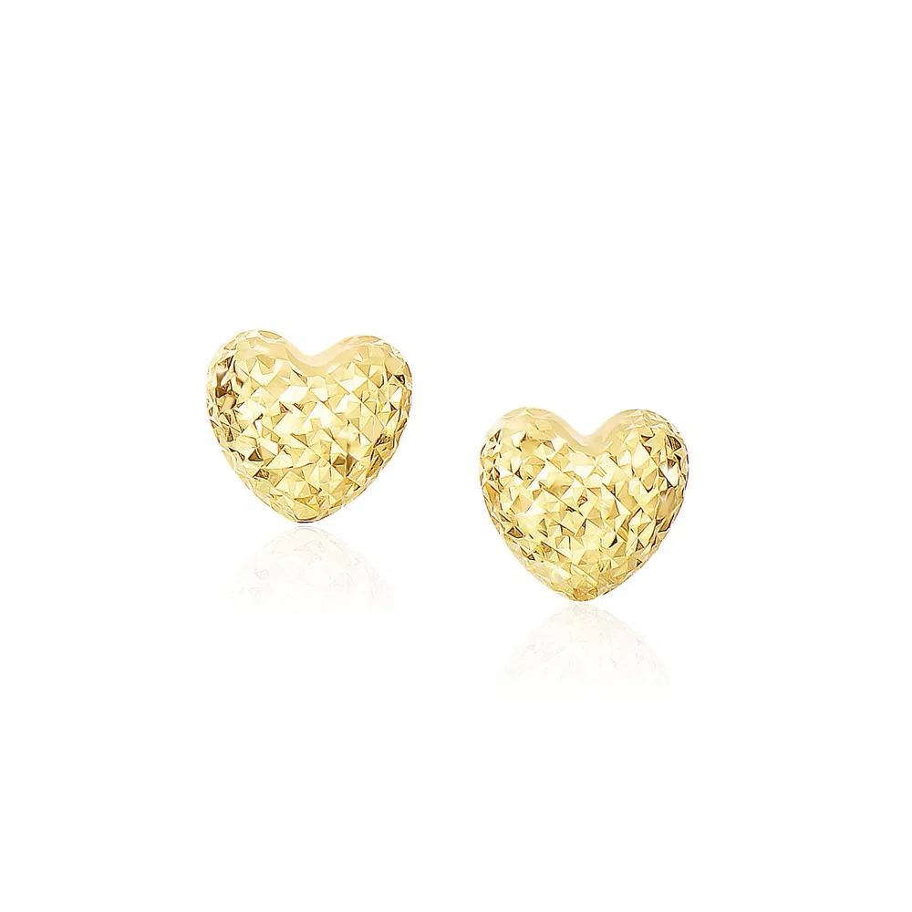14k Yellow Gold Puffed Heart Earrings with Diamond Cuts(8mm) - Grocery