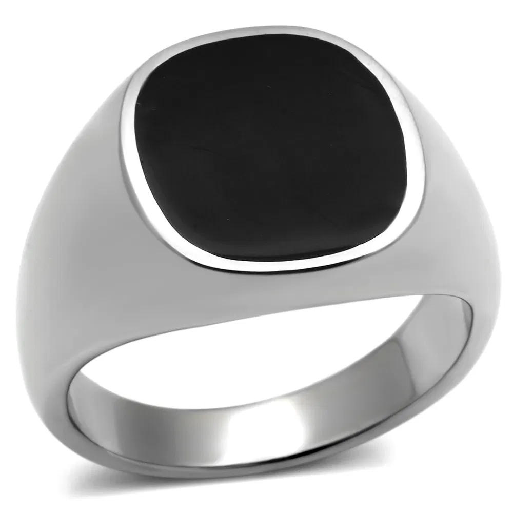 TK595 - High polished (no plating) Stainless Steel Ring with Epoxy in Jet - Grocery