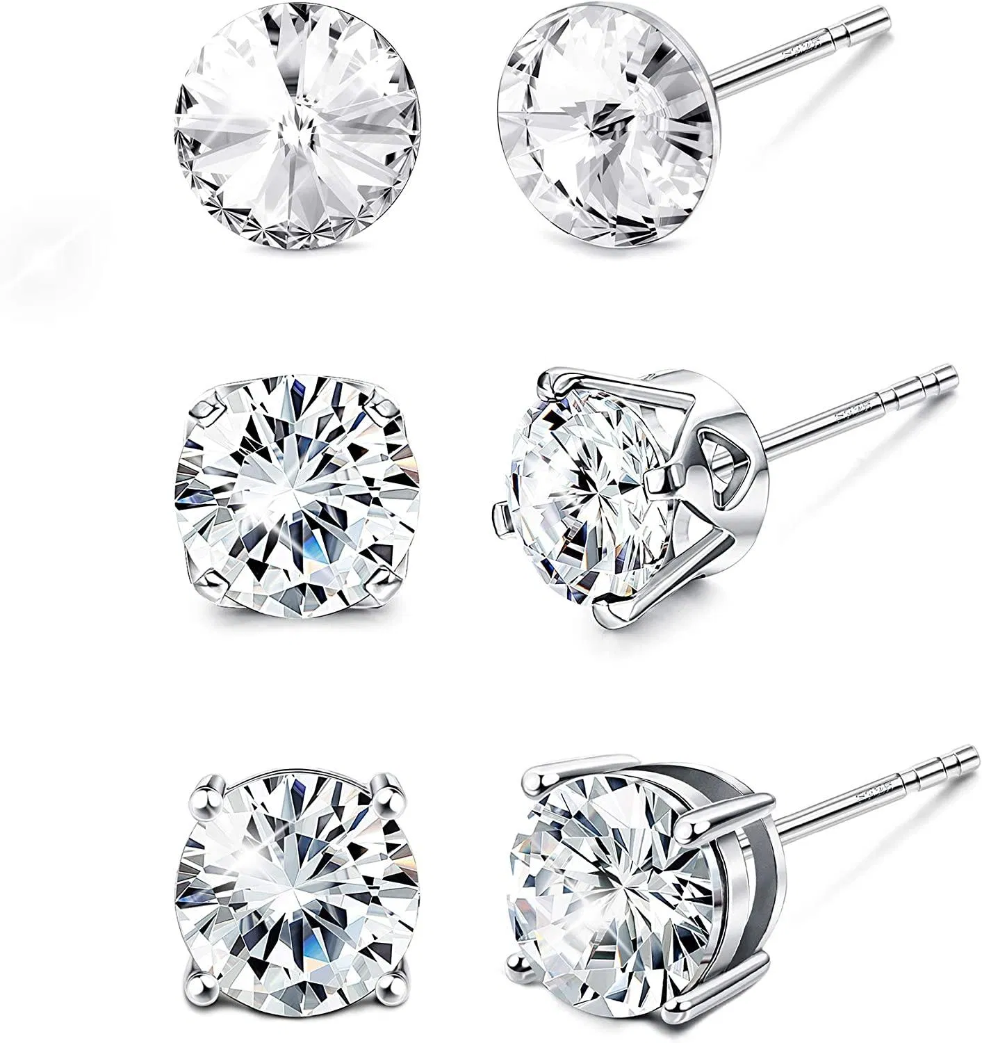 3 Pairs 925 Sterling Silver Austria Crystal Stud Earrings 3 Styles of Claw Clasps Round-Cut set Earrings for Women men - Grocery