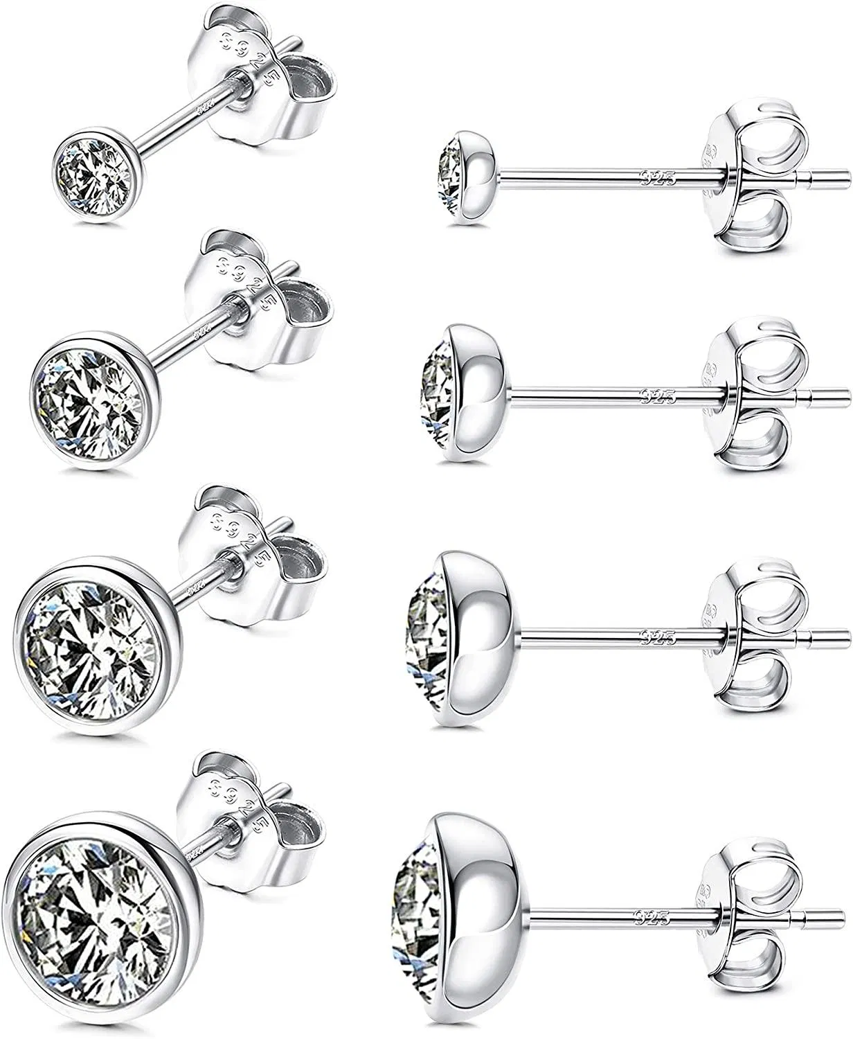 Stud Earrings MUSECLOUD 925 Sterling Silver Bezel Crystal Stud Earrings for Women Men Cartilage Earrings Set 5mm Round Crystal Gift 4 Pairs - Grocery