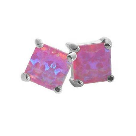 Sterling Silver 5mm Square Created Pink Opal Stud Earrings - Grocery