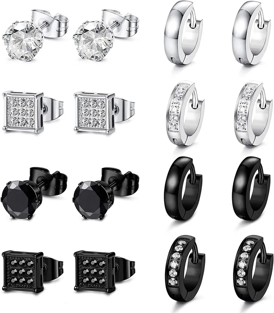 8 Pairs Stainless Round Square Stud Earrings for Men Women Small Hoop Earrings Huggie Earrings CZ Inlaid; 6-8MM - Grocery