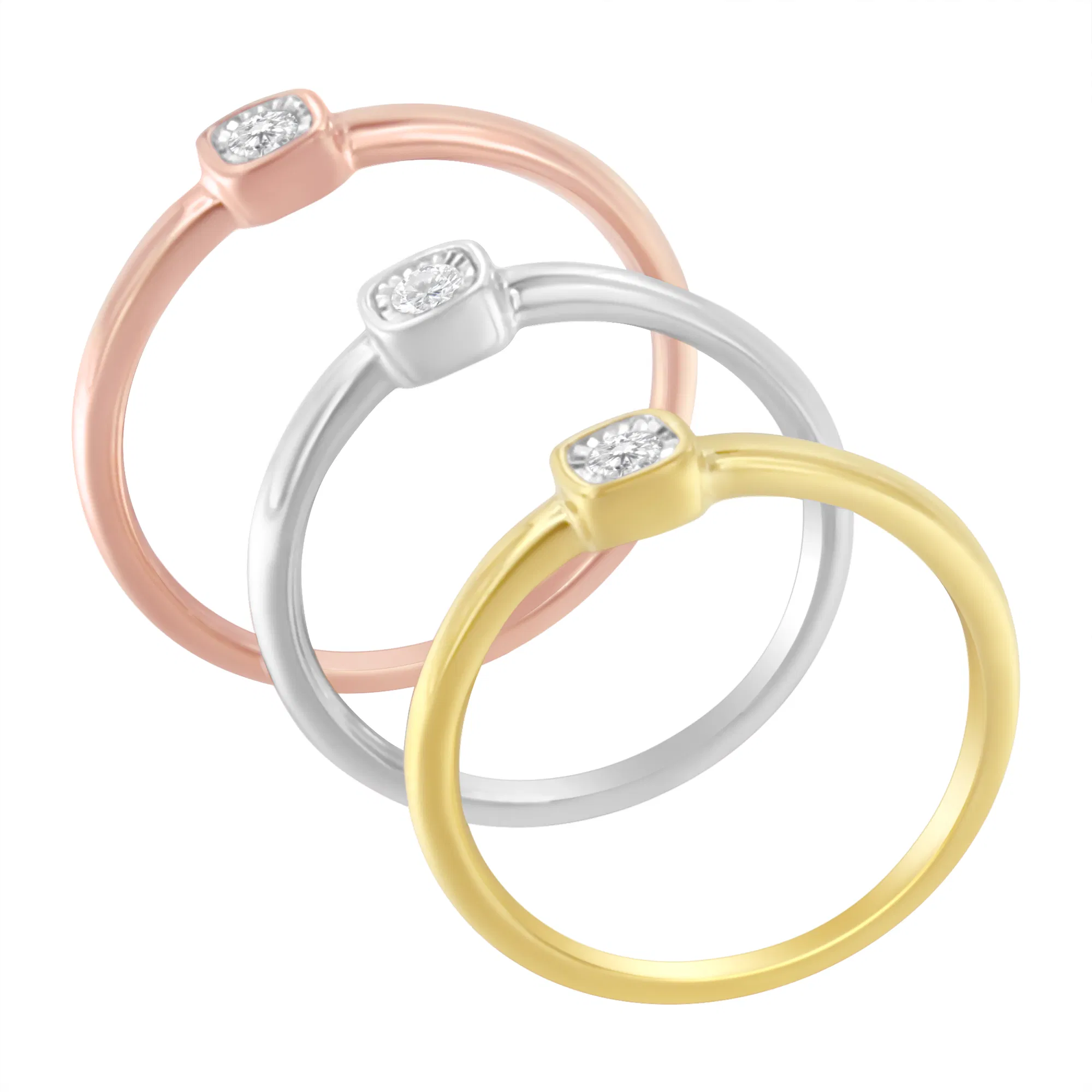 Tri-Color 14K Gold Plated .925 Sterling Silver 1/6 Carat Diamond Square Cushion-Shaped Miracle Set Petite Fashion Promise Ring Set (J-K Color, I1-I2 Clarity) - Grocery