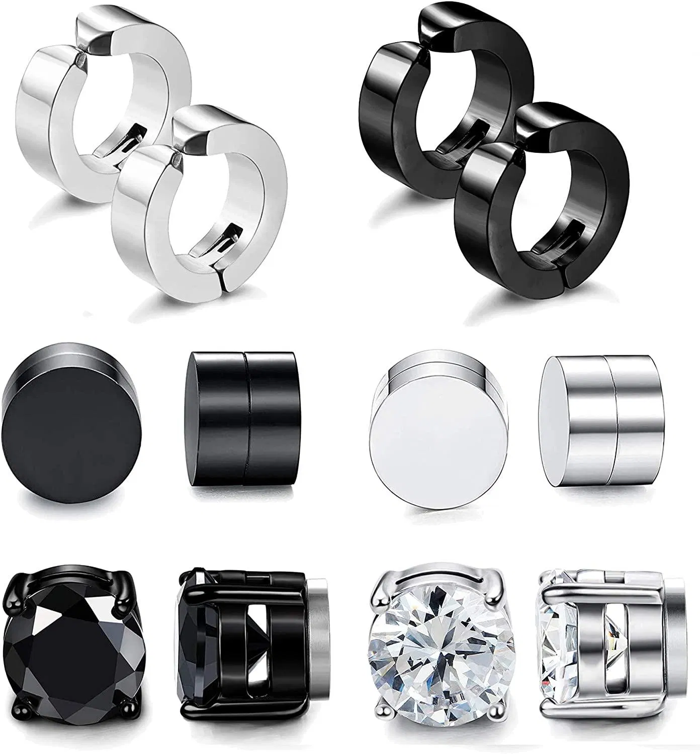6 Pairs Stainless Magnetic Stud Earrings for Men Women Clip On Hoop Huggie Non-Pierced Earrings Set - Grocery