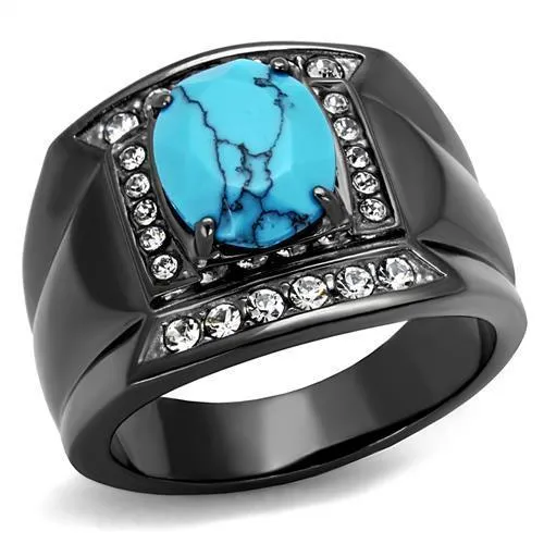 TK2662 - IP Light Black (IP Gun) Stainless Steel Ring with Synthetic Turquoise in Sea Blue - Grocery