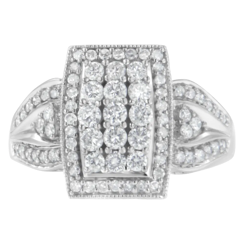 10K White Gold 1.0 Cttw Diamond Rectangular Cushion Shaped Cluster Halo Flared Band Cocktail Fashion Ring (H-I Color, SI2-I1 Clarity) - Grocery