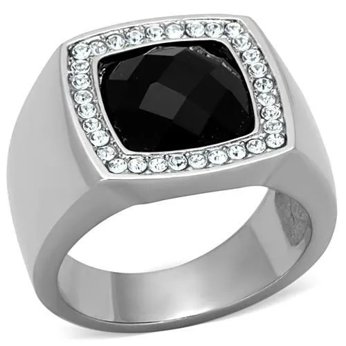 TK1616 - High polished (no plating) Stainless Steel Ring with Semi-Precious Onyx in Jet - Grocery