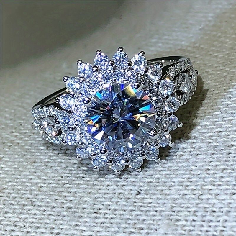 Elegant 925 Silver Plated Round Shaped Crystal Zircon Ring For Women Anniversary Party Wedding Accessories Jewelry - Grocery