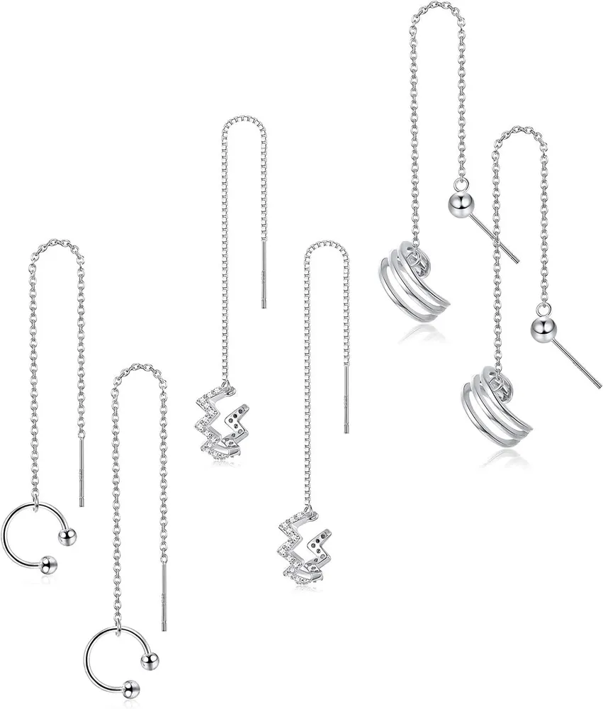 3 Pairs Sterling Silver Chain Tassel Cuff Earrings Wrap Wave Threader Ear Cuff Dangle Earrings Set for Women - Grocery