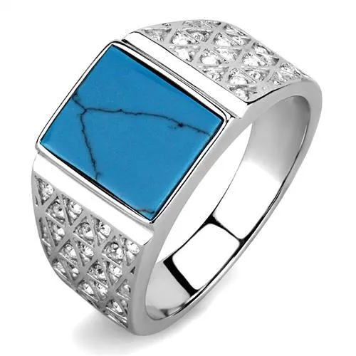 TK3004 - High polished (no plating) Stainless Steel Ring with Synthetic Turquoise in Sea Blue - Grocery