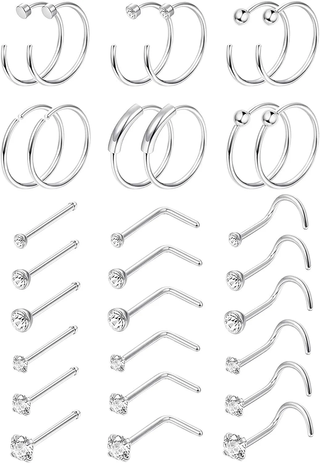30PCS 22G Surgical Nose Rings Hoop Studs Cartilage Earrings Body Piercing - Grocery