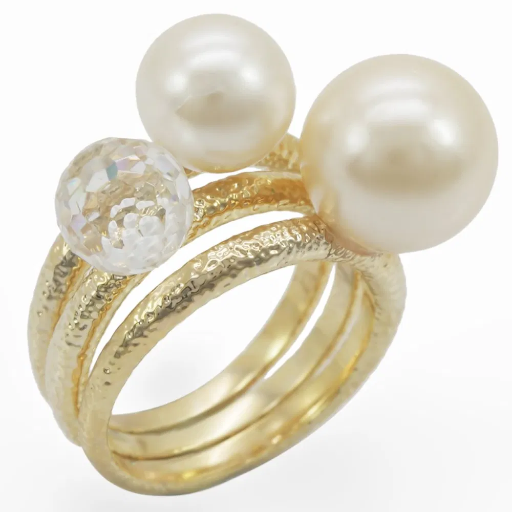 1W054 - Gold Brass Ring with Synthetic Pearl in Citrine Yellow - Grocery