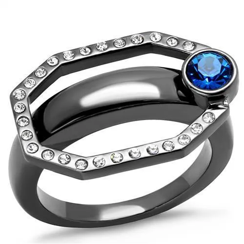 TK2809 - IP Light Black (IP Gun) Stainless Steel Ring with Top Grade Crystal in Capri Blue - Grocery