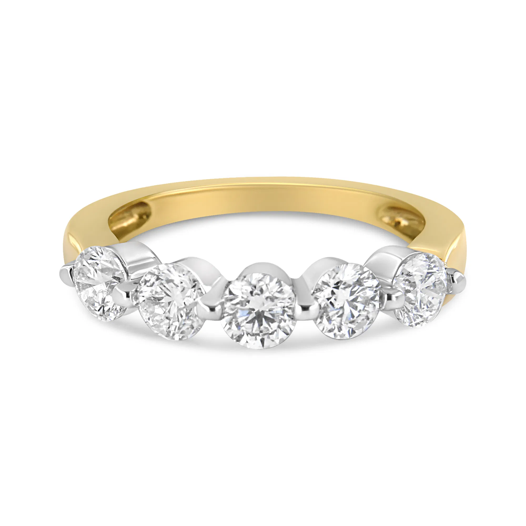 14K White and Yellow Gold 1 1/2 Cttw 2 Prong Cup Set Round-Cut Diamond 5 Stone Ring Band (H-I Color, SI2-I1 Clarity) - Grocery