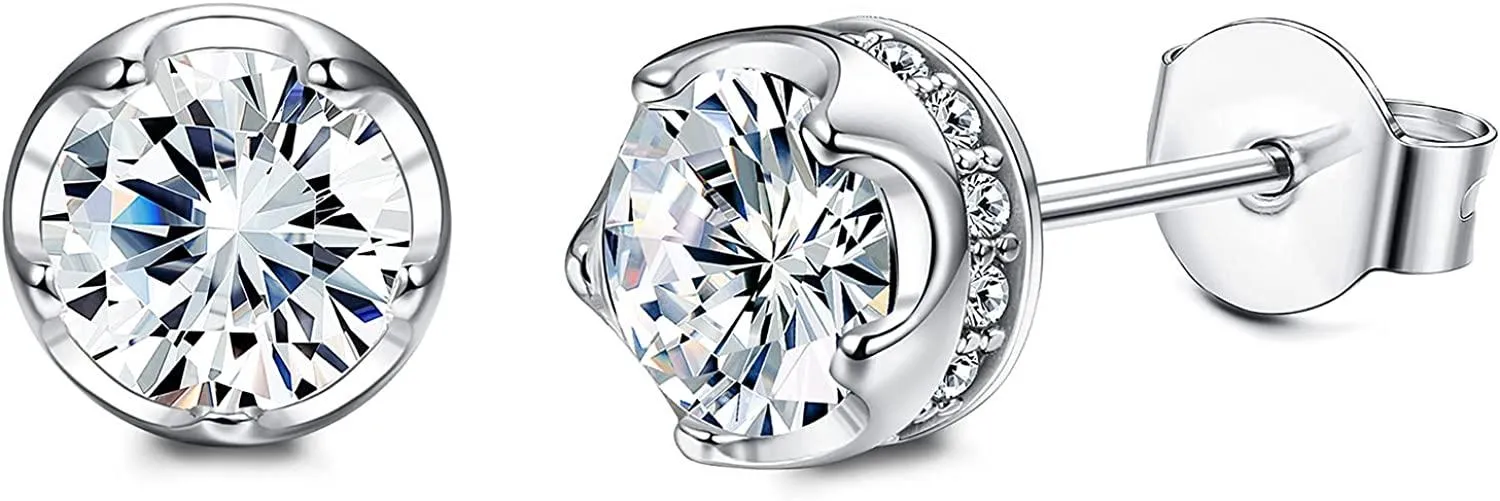 20G Stainless Stud Earrings Round Cubic Zirconia Earrings For Women Men - Grocery