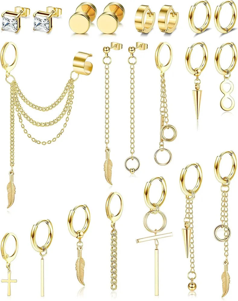 21PCS Hoop Earrings for Men Women Stainless Cross Feather Dangle Earrings Cool Chain Kpop Earrings - Grocery