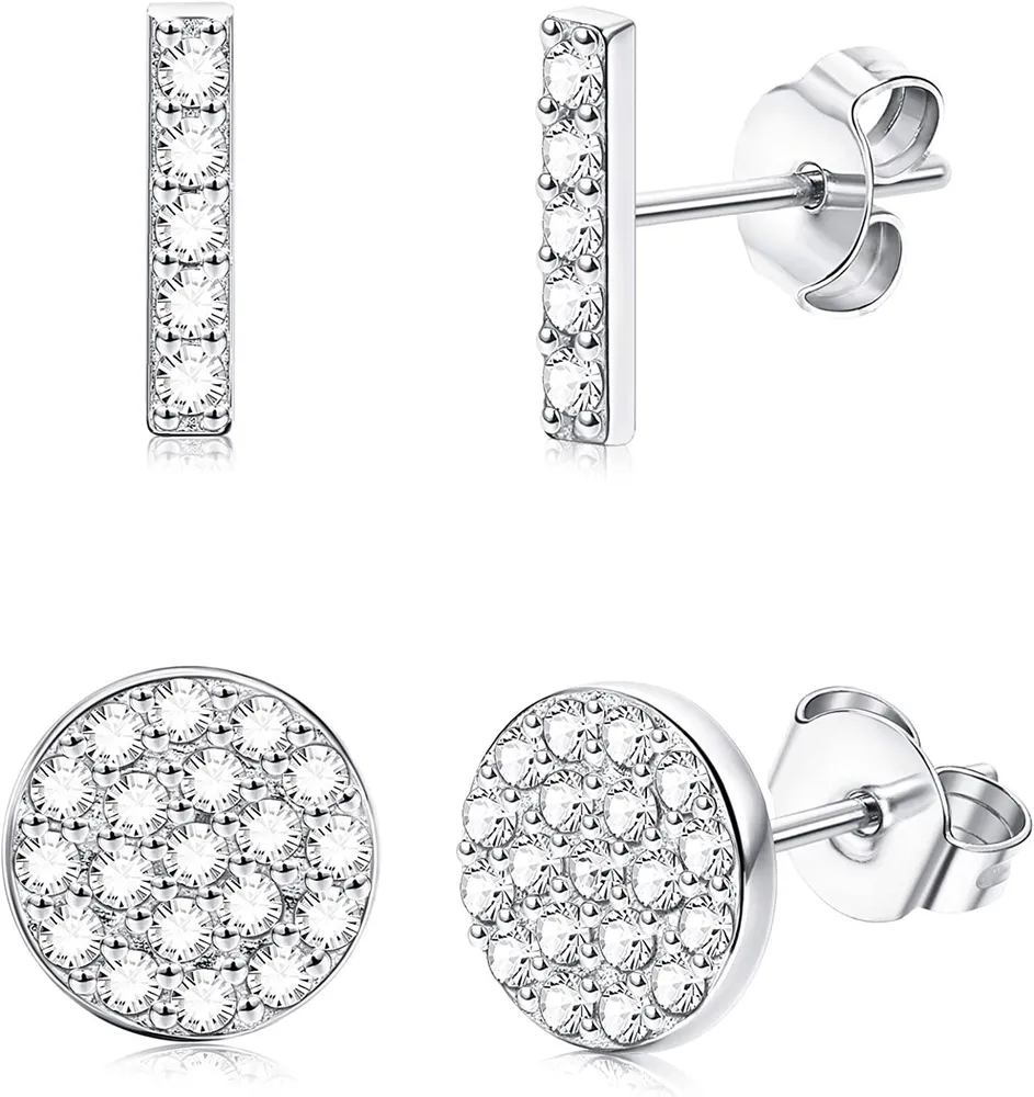 2 Pairs 925 Sterling Silver Bar Dot Stud Earrings Set for Women Men Simplify Round Stick Cylinder Earrings Hypoallergenic (C: CZ Circle And Line) - Grocery