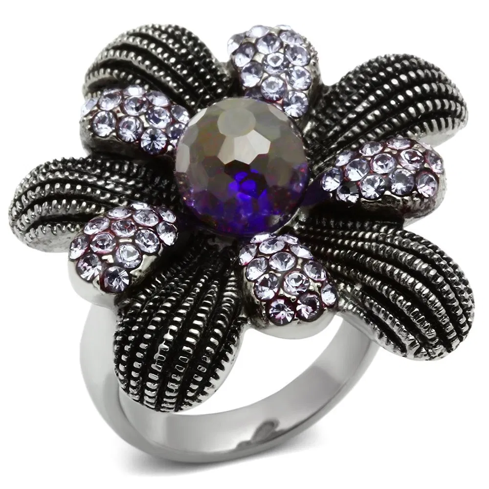 TK607 - High polished (no plating) Stainless Steel Ring with Synthetic Synthetic Glass in Amethyst - Grocery