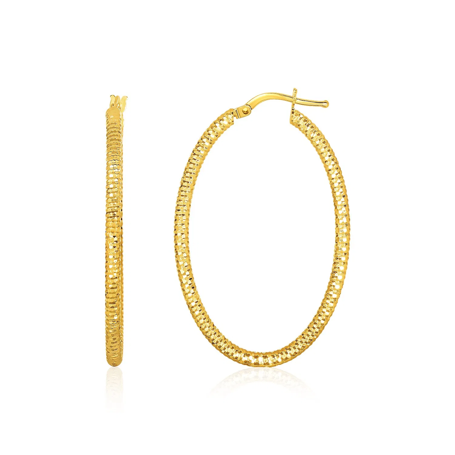 14k Yellow Gold Textured Oval Hoop Earrings(2x35mm) - Grocery