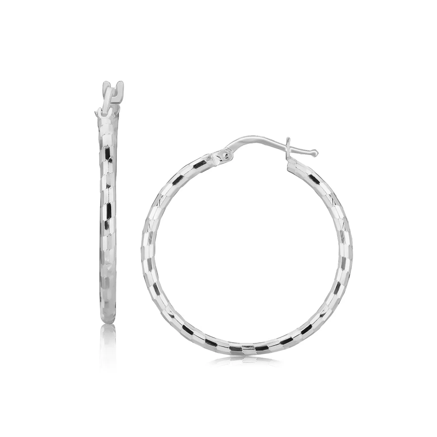 Sterling Silver Hoop Design Diamond Cut Earrings with Rhodium Plating (2x26mm) - Grocery