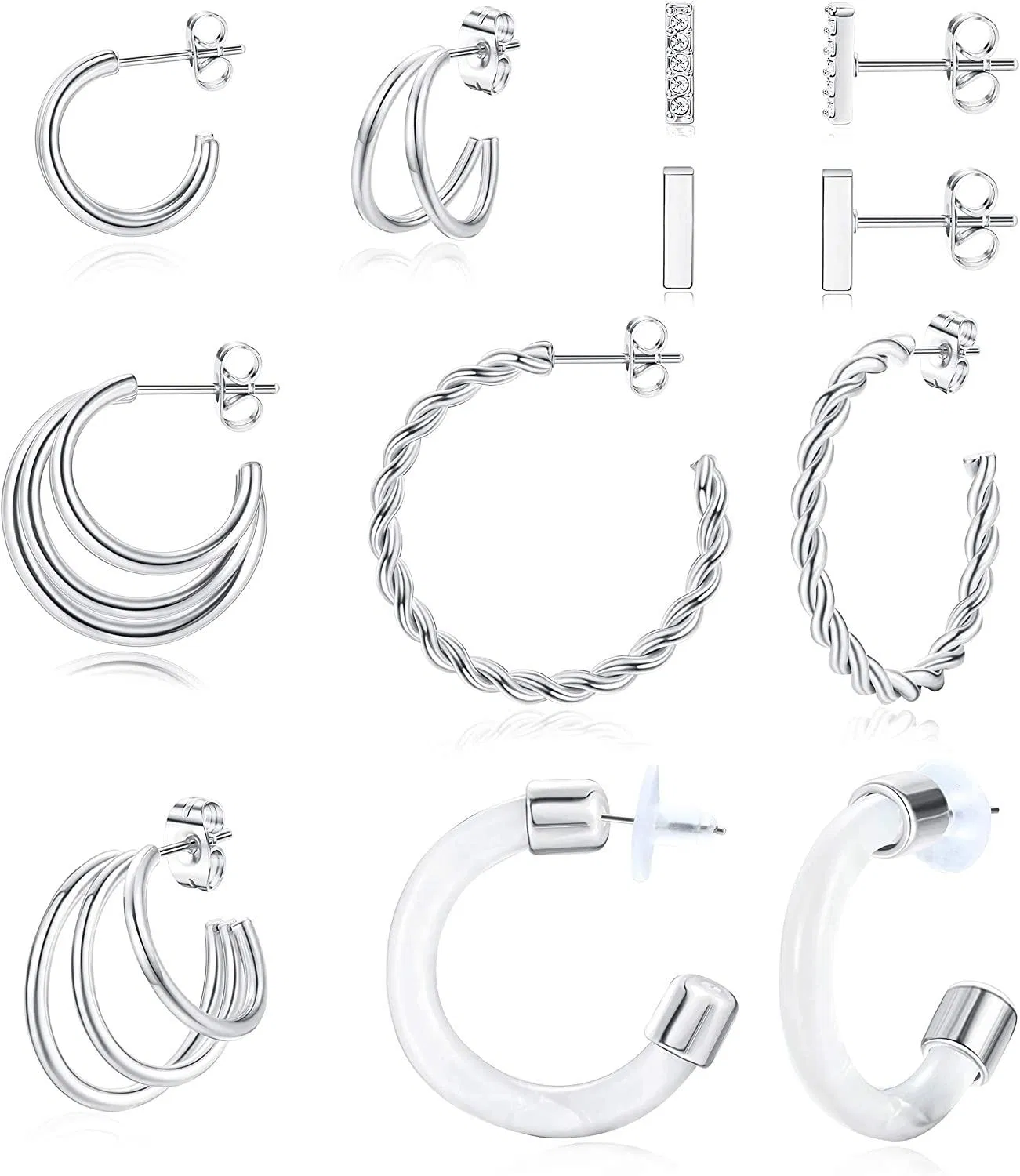 6 Pairs Stainless Small Hoop Earrings for Women Lightweight Chunky Open Hoop Earrings Split Huggies Twisted Mini Bar Stud Earrings Set Gift for Her - Grocery