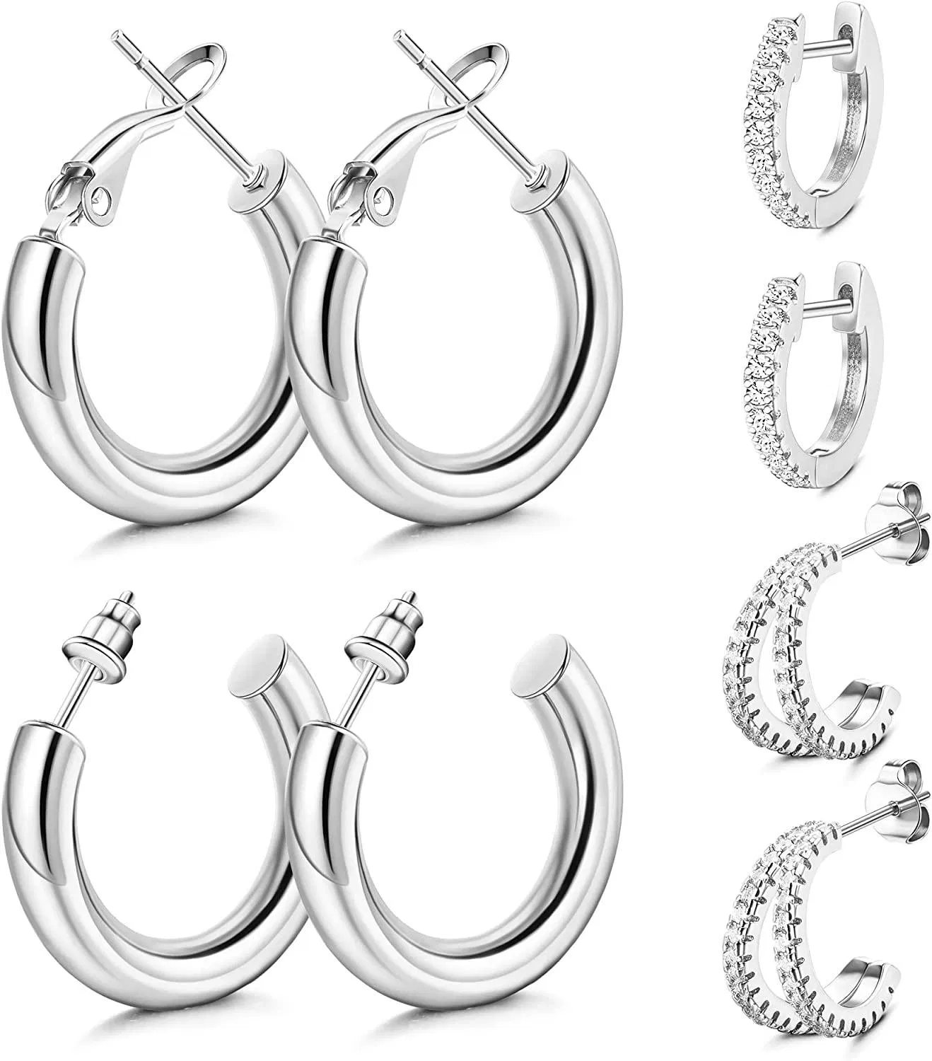 4 Pairs of Thick Hoop Huggie Earrings Cubic Zirconia Cuff Earrings Stainless Split Huggie Earring Stud for Women - Grocery