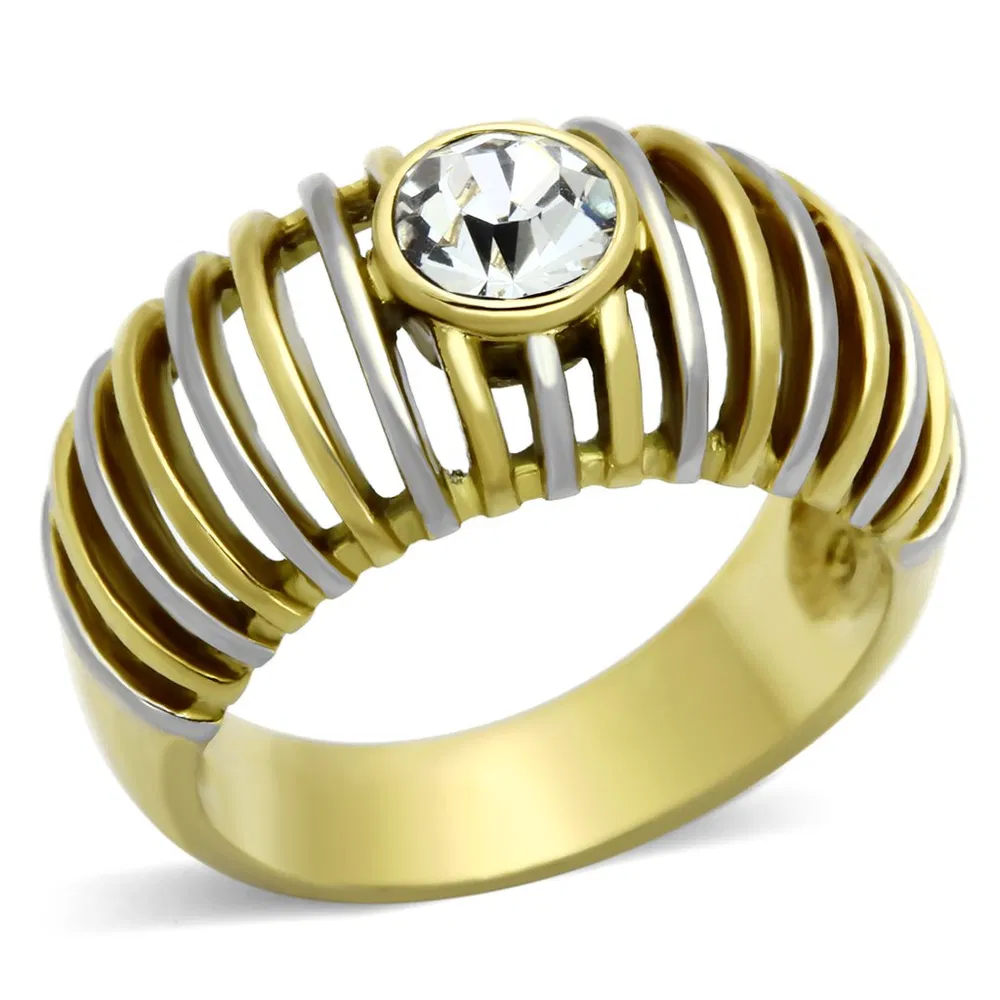 TK1095 - Two-Tone IP Gold (Ion Plating) Stainless Steel Ring with Top Grade Crystal in Clear - Grocery