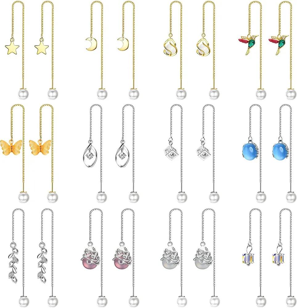 12 Pairs Threader Earrings Set for Women Long Chain Dangle Earrings Teardrop Moon Star Butterfly Cz Drop Earrings Faux Pearl Ball Boho Jewelry - Grocery